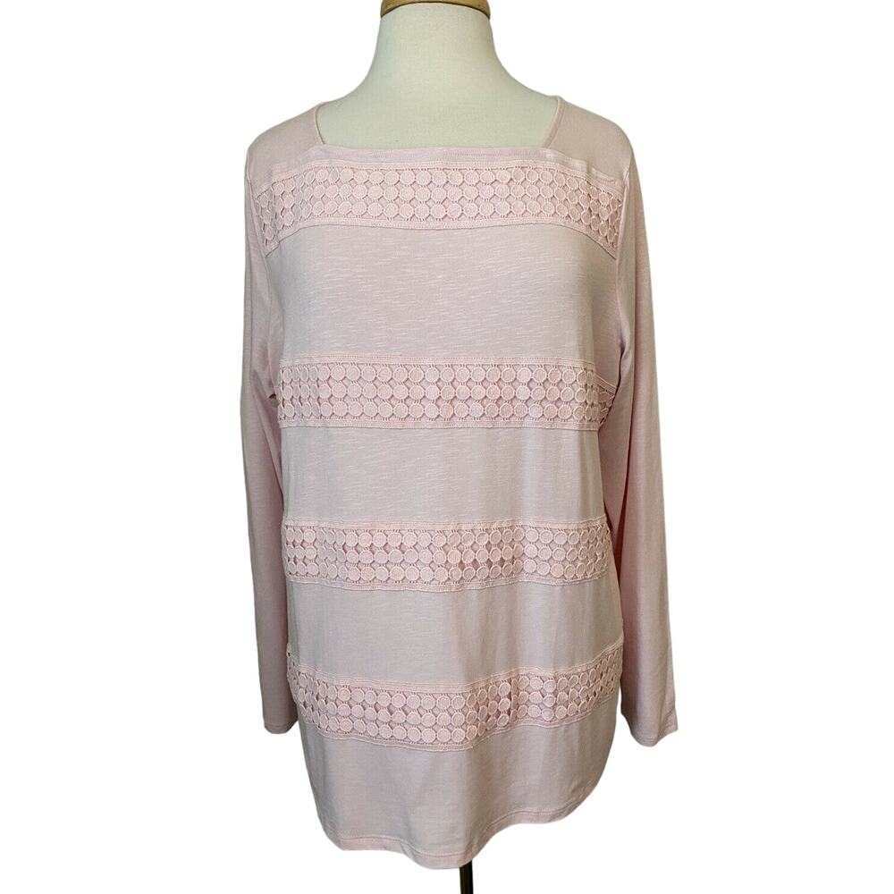 TALBOTS Pale Pink Crochet Stripe Long Sleeve Tee Size 1X Cotton Stretch